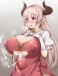 after_paizuri alicia_(granblue_fantasy) blush breasts center_opening cross cross_earrings cum cum_on_body cum_on_breasts cum_on_upper_body doraf dress earrings ejaculation_between_breasts erect_nipples female futoshi_(suraimu) gloves granblue_fantasy horns huge_breasts inverted_nipples jewelry long_hair paizuri parted_lips pointy_ears silver_hair smile solo white_gloves