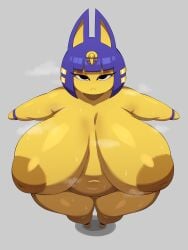 2025 3:4 absurd_res animal_crossing ankha ankha_(animal_crossing) anthro areola belly big_areola big_breasts blue_hair bodily_fluids breasts cleft_of_venus colored digital_drawing_(artwork) digital_media_(artwork) domestic_cat featureless_hands felid feline felis female fur hair headdress hi_res high-angle_view huge_areola huge_breasts huge_thighs hyper hyper_breasts looking_at_viewer mammal navel nintendo nude nude_anthro nude_female obese obese_anthro obese_female overweight overweight_anthro overweight_female ryukinoodle shaded shadow short_stack simple_background solo steam sweat t-pose thick_thighs voluptuous_anthro voluptuous_female wide_hips yellow_body yellow_fur