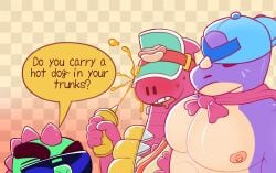 absurd_res anthro aroused blush bodily_fluids brawl_stars buzz_(brawl_stars) dialogue_box doug_(brawl_stars) dumbyb eyewear food group hi_res hot_dog humor joke male male/male nipples open_mouth pecs pierce_(brawl_stars) question sunglasses supercell_(company) sweat trio