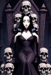 1girls ai ai_art ai_generated belly_button black_dress black_eyebrows black_hair black_nail_polish black_nails black_panties breasts collar dress female female_focus female_only grey_eyes grok grok_imagine long_hair morticia_addams navel netflix nipples panties quinzo11 self_upload shorter_than_10_seconds skull_head skulls sleeves sound tagme the_addams_family throne undressing video wednesday_(netflix) white_skin
