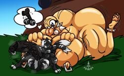 1boy 1girls absurd_res anthro areola ass ball balls biceps big_balls big_breasts big_butt big_penis bodily_fluids bone breasts chain_chomp chains collar digital_media_(artwork) duo edwin_inculous_(character) felid feline felis female fur genital_fluids genitals gigi_(thecoatl034) gold_(metal) gold_body hair hi_res huge_balls huge_cock humanoid humanoid_genitalia humanoid_penis hyper hyper_balls hyper_genitalia hyper_penis larger_female male male/female mammal mario_(series) mr._ink muscular muscular_anthro muscular_female muscular_male nintendo nipple_piercing nipples nude outside pantherine paws pecs penis piercing sharp_teeth simple_background size_difference smile spiked_collar spikes tail teeth tennis_ball thick_thighs thought_bubble tiger tongue tongue_out