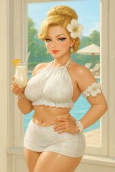 80s_hair ai_generated armband blonde_hair chatgpt chubby crop_top drink_in_hand flower_accessory flower_in_hair halterneck milf miniskirt one_hand_on_hip poolside resort rgomez007 saturated_colors stable_diffusion swimsuit tropical updo warm_colors warm_lighting wristwear