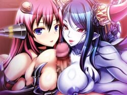 1boy 2girls altea_(okasare_yuusha/violated_hero) blue_skin breast_grab breasts censored claws double_paizuri f.s. ffm_threesome game_cg gia grabbing horns large_breasts long_hair multiple_girls multiple_paizuri nail_polish nipples okasare_yuusha paizuri penis pointy_ears rizesnea_(okasare_yuusha/violated_hero) tail threesome violated_hero wings