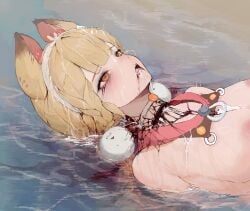 absurdres alice_thymefield alice_thymefield_(sea_of_thyme) animal_ears blonde_hair blood blud_spine breasts commentary_request corpse cum cum_on_body cum_on_hair death decapitation facial female female_death gore guro highres korean_commentary long_hair lying nipples official_alternate_costume on_back open_mouth orange_eyes rabbit_ears rabbit_girl revision solo upper_body water zenless_zone_zero