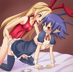 1boy 1futa androgynous bed blonde_hair blue_hair crossdressing cum cumdrip disgaea disgaea_d2 femboy flonne futa_on_male futanari girly intersex laharl long_hair maid male penis red_eyes ribbon sandyrex short_hair swimsuit trap