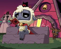 5:4 absurd_res ambiguous_gender anthro bell bell_collar bovid caprine chair collar cult_of_the_lamb fennespresso furniture hi_res lamb_(cult_of_the_lamb) looking_at_viewer mammal massive_monster_(studio) on_chair public reading sheep short_stack sitting sitting_on_chair solo