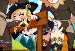 1girls 2boys ai_generated ass_grab blonde_hair bondage bound bound_wrists cleavage fellatio female gag gagged gangbang genshin_impact group group_sex hat hetero_sex hilichurls_(species) irrumatio male medium_breasts multiple_boys navia_(genshin_impact) open_mouth_gag oral oral_sex penis penis_in_mouth pillory rape rasilinai restrained ring_gag rolling_eyes sex spitroast stable_diffusion stationary_restraints stocks straight tagme thighhighs thighs