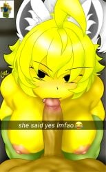 1boy 1girls angry_face areolae artist_signature balls big_breasts blowjob blowjob_face blurry_background breasts brown_body carla_(chez-arts) chez-arts commission green_stockings kneeling looking_at_viewer naked_female nipples noob_(roblox) part_2 penis pov reference_image roblox roblox_avatar robloxian self_upload short_hair snapchat tagme thick_thighs tongue white_ears white_tail yellow_body yellow_hair