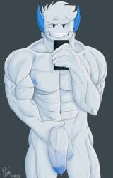 abs big_muscles big_pecs big_penis blue_eyes blue_horns bodybuilder digital_media_(artwork) genitals grabbing_own_penis hair holding_object holding_phone horns kapifunnycat large_penis looking_at_viewer male male_only moobs muscles muscular muscular_arms muscular_chest muscular_male naked naked_male nipples phighting phone roblox roblox_game robloxian self_upload showing_penis showing_teeth simple_background smirk solo spiky_teeth standing sweat sweating taking_picture teeth vein veins veiny veiny_muscles veiny_penis watermark white_skin young_zuka_(phighting) zuka_(phighting)