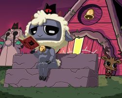 5:4 absurd_res ambiguous_gender anthro bell bell_collar bovid caprine chair collar convenient_censorship cult_of_the_lamb deer fennespresso follower_(cult_of_the_lamb) furniture hi_res lamb_(cult_of_the_lamb) looking_at_viewer mammal massive_monster_(studio) nipple_piercing nipples nude on_chair piercing public public_nudity reading sheep short_stack sitting sitting_on_chair solo
