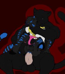 2014 anal anal_sex anthro anus balls big_dom_small_sub black_body black_fur blue_anus blue_body blue_fur blue_tongue colored dominant duo erection felid feline fur genitals hi_res male male/male mammal open_mouth pandottermon penetration penis pink_penis red_background simple_background size_difference tongue
