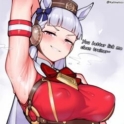1girls absurd_res absurdres ai_assisted armpit armpits arms_up breasts dominant dominant_female female female_focus female_only femdom gold_ship_(umamusume) high_quality high_resolution highres horse_ears horse_girl kalinetics large_breasts nipple_bulge outline pale-skinned_female pale_skin smirk smirking smirking_at_viewer solo solo_female sweat sweatdrop sweating sweaty sweaty_body text tight_clothing umamusume umamusume_pretty_derby white_hair woman_only