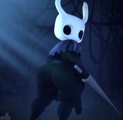 3d_(artwork) armada_(artist) arthropod ass backsack balls big_butt black_body black_skin bleak_ambiance bottom_heavy cloak clothing digital_media_(artwork) femboy flaccid fog forest forest_background garry's_mod genitals holding_object holding_weapon hollow_knight hollow_knight_(franchise) humanoid insects looking_back male melee_weapon nature nature_background penis plant short_male shortstack solo standing sword team_cherry the_knight_(hollow_knight) thick_thighs tree vessel_(species) weapon