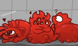 annoyed anthro anticipation anus ass balls big_butt candy confusion dessert food food_creature genitals group gummy_(food) gummy_creature jelly_band jelly_defense living_candy male male/male nakeilyar penis red_body shaking_butt trio