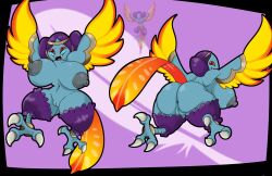 animal_humanoid anklet anus areola ass avian avian_feet avian_humanoid big_breasts big_butt bird_humanoid blue_body blue_skin breasts fangs feathered_wings feathers female front_view genitals grey_areola grey_nipples hair hi_res huge_breasts huge_butt humanoid jewelry kccatboi2002 kid_icarus looking_at_viewer looking_back looking_back_at_viewer nintendo nipples nude open_mouth open_smile orange_body orange_feathers purple_background purple_body purple_feathers purple_hair rear_view red_eyes simple_background siren smile solo syren_(kid_icarus) tail tail_feathers teeth vulva winged_arms wings yellow_body yellow_feathers