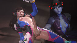 2girls 3d areolae arms_up blue_skin bodysuit breasts brown_eyes brown_hair d.va dickgirl drunkengeneral erect_nipples eyebrows eyelashes futanari headset highres intersex large_penis lips lipstick long_hair nipples nose open_mouth overwatch penis pink_lipstick pony_tail pussy selfie shiny shiny_skin smile source_filmmaker testicles widowmaker yellow_eyes