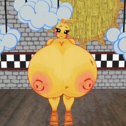 1girl 1girls 3d 3d_(artwork) animatronic big_breasts breast_expansion breasts chica_(fnaf) chiken expansion female five_nights_at_freddy's fnaf fnaf1_location giant_breasts growth huge_breasts pizzeria scene solo yellow_hair yellow_skin