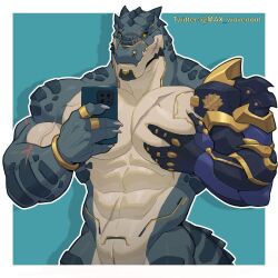 1:1 2025 abdominal_scar abs alvintanubis anthro arm_scar biceps border bracelet cellphone cheek_scar chest_scar claws crocodile crocodilian cybernetic_arm cybernetic_implant cybernetic_limb deltoids electronics eyebrow_stud facial_piercing facial_scar facial_spikes finger_claws forearm_muscles gold_(metal) gold_bracelet gold_jewelry hand_on_own_chest head_spines holding_cellphone holding_object holding_phone jewelry male max_wovenom multicolored_body multicolored_scales nose_piercing nose_ring pec_grab pecs phone piercing reptile ring_piercing ryuichi_arasaka scales scalie scar snout snout_scar solo spikes spikes_(anatomy) stud_piercing tail tan_body tan_scales teal_body teal_scales twitter_handle two_tone_body two_tone_scales white_border yellow_sclera