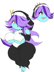 agijonrequiem barefoot big_breasts big_thighs blue_body blue_skin breasts breasts_bigger_than_head breasts_out fat_ass female female_focus female_only goblin goblin_female long_hair nun nun_outfit orange_eyes purple_hair santa_olga_(agijonrequiem) scar shortstack teeth teeth_showing thick_ass thick_legs thick_thighs visible_breasts