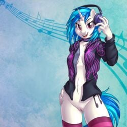 2016 anthro anthrofied blue_hair bottomless brian_mcpherson casual choker clothed clothing cropped cutie_mark dj electronics equine eyewear female friendship_is_magic hair headphones hi_res hoodie horn legwear looking_at_viewer mammal multicolored_hair musical_note my_little_pony navel open_hoodie open_mouth outerwear pussy smile socks solo striped striped_legwear striped_socks stripes thigh_highs two_tone_hair unicorn vinyl_scratch_(mlp)