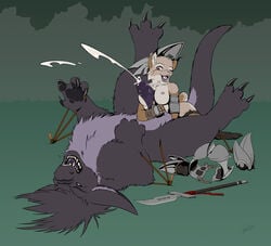 2016 anthro anthro_on_feral armor bondage bound breasts brown_eyes cum feline female feral fur handjob lying male mammal melee_weapon nude on_back outside paizuri penis polearm purple_fur rei_vagan sex size_difference spread_legs spreading straight tan_fur weapon zoophilia