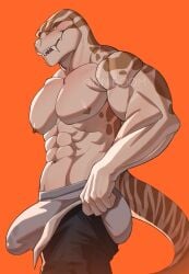 1boy abs alexaboom anthro ass biceps big_bulge biped black_bottomwear black_clothing black_pants bottomwear brown_markings bulge clothing fangs genital_outline hi_res looking_at_viewer male male_only markings muscular muscular_anthro muscular_male navel nipples orange_background orange_eyes pants pecs penis_outline reptile scalie simple_background solo solo_focus solo_male standing tail teeth two_tone_tail underwear white_clothing white_underwear