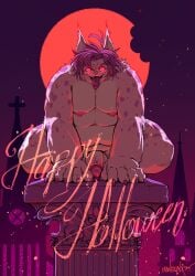 absurd_res anthro balls belly canid canine claws detailed_background digital_media_(artwork) english_text fangs felid feline fur genitals glowing glowing_eyes hair halloween hi_res holidays humanoid_genitalia humanoid_penis hybrid looking_at_viewer lynx male mammal mango_(mangolynx) mangolynx moobs moon mythological_canine mythological_creature mythology navel night nipples nude nude_anthro nude_male outside overweight overweight_anthro overweight_male pedestal penis perching red_eyes solo teeth text tongue tongue_out werecanid werecanine werecreature werewolf