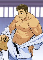 2boys bara bulge crotch erection hand_on_head male_only multiple_boys muscle pecs robonakata shunpei_nakata undressing yaoi