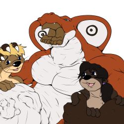 2014 anthro belly blue_eyes body_outline brown_body brown_fur cobra colored feet fur group head_first hyper hyper_belly male male/male male_prey mammal multiple_prey muscular mustelid oral_vore otter pandottermon red_body reptile same_size_vore scalie simple_background smile snake tail tongue vore vore_belly white_background