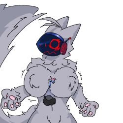1:1 a.r._probert anthro armor big_breasts big_tail blue_armor blush breast_play breasts duo embarrassed featureless_breasts female fluffy fluffy_breasts fluffy_chest fur grey_body grey_fur just172ordinary machine male male/female mtf_crossgender nude nude_female pawpads penis protogen rule_63 sex solo tail titjob
