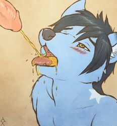 anthro black_hair blue_fur canine fangs furry male mammal pee peeing peeing_in_mouth piss pissing scataraxia solo urinating urination urine urine_drinking urine_in_mouth watersports