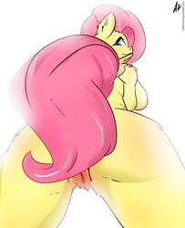 2017 anthro ass big_breasts blue_eyes breasts equine female fluttershy_(mlp) friendship_is_magic fur hair horse looking_at_viewer mammal moonway my_little_pony pegasus pink_hair pussy simple_background solo straight_hair wings yellow_fur