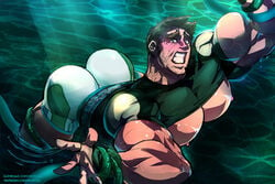 1boy abs bara big_butt capcom chris_redfield clothes gay hotcha male_focus male_only monsterbait muscles pecs resident_evil shorts viewed_from_below water yaoi