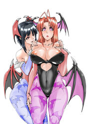 2girls ahoge animal_print antenna_hair areolae bare_shoulders bat_print bat_wings black_hair blue_legwear breasts bridal_gauntlets brown_hair capcom cleavage clothing cosplay covered_breasts darkstalkers demon_girl eyeshadow female female_only gauntlets hands_on_another's_shoulders head_wings heart heart-shaped_pupils heart_cutout high_resolution highres hips large_areolae large_breasts legs leotard lilith_aensland lilith_aensland_(cosplay) long_hair love_hina makeup medium_breasts mind_control morrigan_aensland morrigan_aensland_(cosplay) multiple_girls narusegawa_naru nipple_slip nipples otakumin pantyhose pink_eyes print_legwear print_pantyhose puckered_lips purple_eyes purple_legwear pussy_juice red_eyes red_hair shiny shiny_skin short_hair smile succubus sweat symbol-shaped_pupils thighs urashima_kanako white_background wings