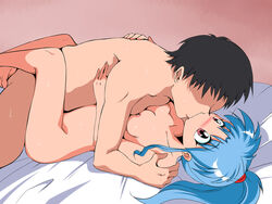 1boy 1girls bed beige_skin blue_hair blush botan breast_press breasts female game_cg happy_sex hug kissing long_hair lying male missionary navel nipples nude old_school_academy ponytail sex sitting straight sweat tied_hair yu_yu_hakusho