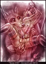 2016 anal anal_fingering anal_sex animal_genitalia anthro balls bondage bound canine cock_ring corset cum fingering forced furry grrrwolf lagomorph leather lingerie long_ears male mammal nipples oral penetration purple_eyes rabbit size_play snarling tears teeth traditional_media_(artwork) wolf yaoi yellow_eyes