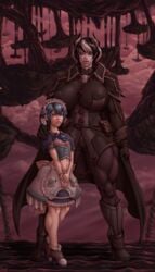 big_breasts black_hair cape clothed clothes clouds female femboy huge_breasts huge_muscles lace leather leather_boots lips made_in_abyss marulk mother multicolored_hair muscle muscular_female nipples ozen short_hair teacher_and_student terminalblogma thick_thighs trap trees