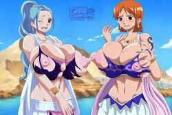 2017 2girls 3:2 alabasta aqua_hair areola bare_shoulders belly bimbo black_eyes blue_hair blush breast_expansion breast_grab breast_squeeze breasts breasts_squeeze brown_eyes bursting_breasts cleavage clothes covered_breasts curvy earrings erect_nipples eyebrows eyelashes female female_only greengiant2012 groping hair hands harem_outfit hourglass_figure huge_breasts human hyper hyper_breasts jewelry large_nipples long_hair midriff multiple_girls nami navel necklace nefertari_vivi nipple_bulge nipples no_bra nose one_eye_closed one_piece open_mouth orange_hair outdoors ponytail pre-timeskip princess puffy_nipples shiny shiny_skin short_hair shounen_jump skirt standing stomach tattoo teeth tied_hair tongue torn_clothes very_long_hair wink