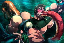 1boy abs bara big_butt capcom chris_redfield cum cumdrip deepthroat forced hotcha male_focus male_only monsterbait muscles no_pants nude pecs penis_tentacles resident_evil tentacle tentacle_in_mouth tentacle_on_male viewed_from_below water