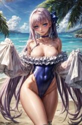 1girls ai_generated alterism blue_eyes breasts fate/extra_ccc fate/grand_order fate_(series) highleg_leotard leotard long_hair looking_at_viewer meltlilith meltryllis meltryllis_(swimsuit_lancer)_(fate) one_piece_swimsuit puffy_sleeves purple_hair stable_diffusion standing thick_thighs wide_hips