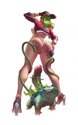 1girls :p anus areolae ass back blue_skin breasts bulbasaur claws drtbxxxg feet female female_protagonist_(pokemon_go) fingerless_gloves gloves green_hair green_nails hand_on_own_head hand_on_thigh hat high_heels human imminent_sex interspecies jacket licking_lips long_hair looking_up male mostly_nude nail_polish naked_jacket nintendo nipples nude penis plant pokémon_(species) pokemon pokemon_go pokephilia pussy red_eyes sideboob simple_background smile standing tongue tongue_out veins veiny_penis vines white_background