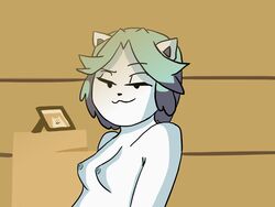 absurd_res animal_ears bikini bra breasts canine cutec3_(artist) dot_eyes edit feline female green_hair hair hi_res high_on_temmie_flakes highres humanoid looking_at_viewer naughty_face nipples simple_background smile solo temmie undertale video_games voluptuous