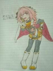 1boy 1femboy astolfo_(fate) astolfo_(fate/apocrypha) astolfo_(saber)_(fate) astolfo_(sailor_paladin)_(fate) boots cute cute_expression cute_eyes cute_face drawing drawn fate/apocrypha fate/grand_order fate/stay_night fate_(series) femboy hand_on_face layer looking_at_viewer male notebook open_mouth pink_eyes pink_hair