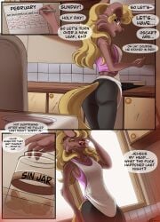 absurd_res ass bottomwear canid canine clothed clothing comic conrie container cooking female hi_res inside jar kitchen leggings legwear mammal pants shirt text topwear