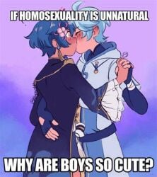 2boys 2male blue_hair blush closed_eyes gay hand_on_back homosexual homosexual_male kissing logic meme text yaoi