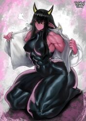 1girls absurd_res black_hair black_sclera bodysuit demon demon_girl demon_horns female female_only horns huge_thighs kneeling long_hair looking_at_viewer malhory_(ramia-yana) muscles muscular muscular_female muscular_thighs nipple_bulge oerba_yun_fang open_jacket opening_jacket original pointy_ears ramia-yana red_skin solo thegoldensmurf yellow_eyes