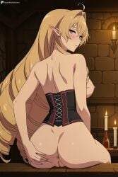 ahoge ai_generated anus ass back bare_shoulders blonde_hair blush breasts corset digitalwaifugallery elf elinalise_dragonroad female from_behind hi_res high_quality high_resolution large_breasts long_hair looking_at_viewer looking_back mushoku_tensei nipples patreon pointy_ears pussy seductive sexy sitting solo uncensored very_long_hair watermark