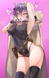 absurdres amona_jeane arm_up armpits belt black_sclera breasts cloak colored_sclera commentary covered_navel cum cum_on_body dark_summoner_to_dekite_iru demon_girl demon_horns female female_only gloves highleg highleg_leotard highres horns large_breasts leotard nail_polish nipples open_mouth panties purple_hair sharekoube simple_background skindentation solo sweat thighhighs torn_clothes underwear untranslatable_commentary yellow_eyes