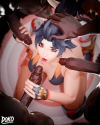 1girls 3boys anran big_ass big_breasts big_penis blender blizzard_entertainment blowbang blowjob blue_hair doko_art dzooworks foursome long_hair looking_at_another looking_pleasured memz3d on_bed overwatch overwatch_2 red_eyes self_upload shoes surrounded_by_penises tattoo toned toned_body toned_female tongue_out