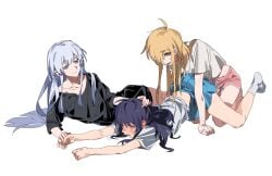 3girls absurdres ahoge barefoot between_legs black_hair blonde_hair blue_eyes blue_skirt blush breasts chinese_commentary cho_kaguya-hime! chou_kaguya-hime! closed_mouth collarbone commentary_request ear_blush fingering green_eyes hand_on_another's_head highres kaguya_(cho_kaguya-hime!) long_hair lying medium_breasts mole mole_under_eye molu_stranger multiple_girls no_shoes open_mouth pink_shorts pleated_skirt runami_yachiyo sailor_collar sakayori_iroha school_uniform serafuku shirt short_hair short_sleeves shorts simple_background skirt socks white_background white_hair white_sailor_collar white_shirt white_socks yuri